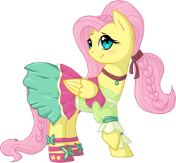 Size: 1518x1406 | Tagged: safe, artist:violentdreamsofmine, fluttershy, pony, equestria girls, friendship through the ages, rainbow rocks, alternate hairstyle, blushing, clothes, dress, folk fluttershy, skirt, smiling, solo