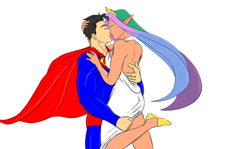 Size: 1440x858 | Tagged: safe, artist:eve-ashgrove, princess celestia, elf, human, clothes, crack shipping, crossover, crossover shipping, dress, elf ears, female, humanized, imminent kissing, kissing, male, shipping, straight, supelestia, superman, the crack otp to end all crack otps