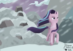 Size: 2048x1444 | Tagged: safe, artist:d_wolf_delairs, starlight glimmer, pony, unicorn, scene interpretation, snow, solo, windswept mane