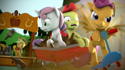 Size: 3840x2160 | Tagged: safe, artist:argodaemon, apple bloom, applejack, scootaloo, sweetie belle, earth pony, pony, 3d, alcohol, cider, cutie mark crusaders, escape, scooter, source filmmaker