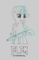 Size: 1130x1753 | Tagged: safe, artist:tirilka, starlight glimmer, pony, unicorn, crossover, doom, doom eternal, double barreled shotgun, glowing horn, grin, gun, horn, monochrome, shotgun, smiling, solo, starlight glimmer day, this will end in communism, weapon