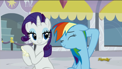 Size: 1920x1080 | Tagged: safe, derpibooru import, screencap, rainbow dash, rarity, pegasus, pony, unicorn, rarity investigates, discovery family logo, eyes closed, sunscreen