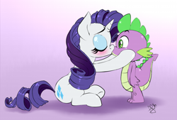 Size: 700x474 | Tagged: safe, artist:pia-sama, rarity, spike, dragon, pony, unicorn, blushing, cute, eyes closed, gradient background, kissing, male, nose wrinkle, shipping, sitting, sparity, straight, surprise kiss, surprised, underhoof