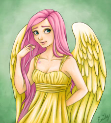 Size: 827x916 | Tagged: safe, artist:emmitz, fluttershy, human, alternative cutie mark placement, boobie mark, breasts, clothes, dress, female, humanized, looking at you, solo, winged humanization, wings