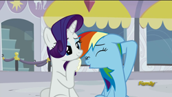 Size: 1920x1080 | Tagged: safe, derpibooru import, screencap, rainbow dash, rarity, pegasus, pony, unicorn, rarity investigates, discovery family logo, imminent boop, sunscreen