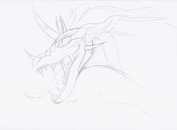 Size: 1024x755 | Tagged: safe, artist:chocodraco, derpibooru import, king sombra, dragon, pony, unicorn, dragonified, male, monochrome, open mouth, simple background, sketch, solo, sombradragon, tongue out