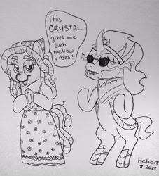 Size: 3120x3430 | Tagged: safe, artist:helicityponi, derpibooru import, king sombra, tree hugger, pony, unicorn, crystal, monochrome, traditional art