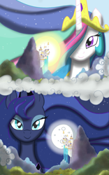 Size: 1024x1638 | Tagged: safe, artist:theroyalprincesses, princess celestia, princess luna, alicorn, pony, canterlot, cloud, day, duo, female, full moon, hair over one eye, looking at you, mare, moon, night, royal sisters, split screen, sun