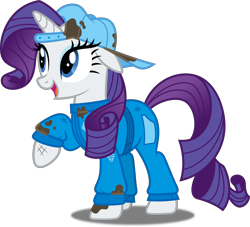 Size: 5000x4544 | Tagged: safe, artist:dashiesparkle, rarity, pony, unicorn, the cart before the ponies, absurd resolution, cap, coveralls, dirty, grease, hat, mechanic coveralls, open mouth, overalls, raised hoof, simple background, solo, transparent background, vector