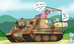 Size: 1758x1054 | Tagged: safe, artist:sandwich-anomaly, derpy hooves, pinkie pie, earth pony, pegasus, pony, female, mare, partillery, sturmtiger, tank (vehicle)