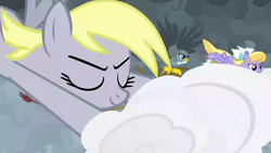 Size: 1280x720 | Tagged: safe, screencap, cloud kicker, derpy hooves, fleetfoot, gabby, griffon, pegasus, pony, the ending of the end, cloud, flying