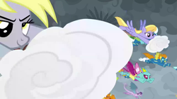 Size: 1280x720 | Tagged: safe, screencap, blaze, cloud kicker, derpy hooves, fleetfoot, prominence, changedling, changeling, dragon, pegasus, pony, the ending of the end, cloud, epic derpy, flying, wonderbolts