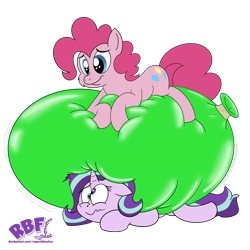 Size: 4000x4000 | Tagged: safe, artist:rupertbluefox, pinkie pie, starlight glimmer, earth pony, pony, unicorn, balloon, balloon fetish, balloon sitting, derp, female, fetish, karma, mare, pinned, prone, simple background, smiling, squished, that pony sure does love balloons, transparent background, wavy mouth