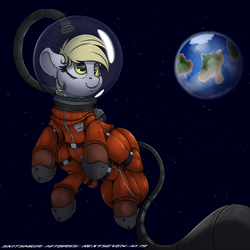 Size: 3000x3000 | Tagged: safe, artist:hitbass, artist:rexyseven, artist:skitsroom, derpy hooves, pegasus, pony, collaboration, astronaut, earth, female, floppy ears, mare, smiling, solo, space, spacesuit