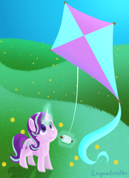 Size: 800x1100 | Tagged: safe, artist:enigmadoodles, starlight glimmer, pony, unicorn, cute, female, glimmerbetes, kite, looking up, magic, mare, smiling, solo, that pony sure does love kites