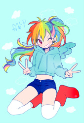 Size: 500x737 | Tagged: safe, artist:aco, derpibooru import, rainbow dash, human, blue background, clothes, cute, dashabetes, ear piercing, earring, female, humanized, jewelry, one eye closed, peace sign, piercing, pixiv, simple background, smiling, socks, solo, winged humanization, wings, wink