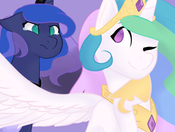 Size: 2000x1500 | Tagged: safe, artist:dorkadraws, princess celestia, princess luna, alicorn, pony, crying, floppy ears, implied cake, one eye closed, royal sisters, spread wings, wink