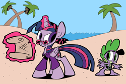 Size: 4500x3000 | Tagged: safe, artist:joeywaggoner, derpibooru import, idw, spike, twilight sparkle, twilight sparkle (alicorn), alicorn, dragon, pony, bandana, beach, clothes, coconut, female, glasses, magic, mare, palm tree, pirate, sand, scroll, telekinesis, tree