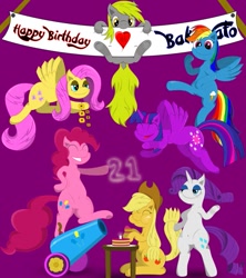 Size: 843x948 | Tagged: safe, artist:bakanato, applejack, derpy hooves, fluttershy, pinkie pie, rainbow dash, rarity, twilight sparkle, twilight sparkle (alicorn), alicorn, earth pony, pegasus, pony, unicorn, female, mane six, mare, party cannon