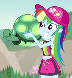 Size: 866x933 | Tagged: safe, derpibooru import, screencap, rainbow dash, tank, aww... baby turtles, better together, equestria girls, belly button, cap, clothes, cropped, cute, dashabetes, hat, midriff, shorts, sleeveless, smiling, swimsuit