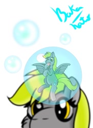 Size: 762x1049 | Tagged: safe, artist:bakanato, derpy hooves, pegasus, pony, bubble, female, mare, solo