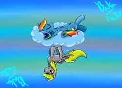 Size: 1048x762 | Tagged: safe, artist:bakanato, derpy hooves, rainbow dash, pegasus, pony, cloud, female, mare, on back