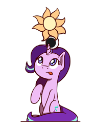 Size: 1350x1800 | Tagged: safe, artist:flutterluv, starlight glimmer, pony, unicorn, :p, cute, female, glimmerbetes, implied princess celestia, implied princess luna, mare, moon, simple background, sitting, solo, sun, tongue out, transparent background