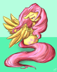 Size: 2480x3090 | Tagged: safe, artist:glorifiedmop, fluttershy, pegasus, pony, blushing, long tail, looking at you, solo, spread wings