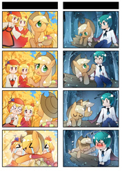 Size: 868x1228 | Tagged: safe, artist:sweetsound, applejack, earth pony, pony, 4koma, :<, :o, aki minoriko, aki shizuha, blushing, comic, crossover, crying, eyes closed, frown, hug, leaning, night, open mouth, pixiv, sad, sitting, snot, snow, snowfall, touhou, wide eyes, wriggle nightbug