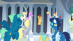 Size: 1366x768 | Tagged: safe, screencap, cloud kicker, cookie crumbles, cotton sky, derpy hooves, hyper sonic, lemon crumble, sky stinger, soarin', sugar maple, summer breeze, sunshower raindrops, pegasus, pony, the ending of the end, clothes, cloudsdale, colt, column, female, flying, friendship student, goggles, male, mare, open mouth, pantheon, speech, stallion, uniform, wonderbolts uniform