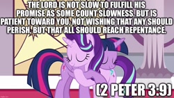 Size: 1280x720 | Tagged: safe, edit, edited screencap, editor:useraccount, screencap, starlight glimmer, twilight sparkle, twilight sparkle (alicorn), alicorn, pony, unicorn, shadow play, 2 peter, bible, bible verse, caption, christianity, god, hug, image macro, redemption, religion, text