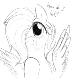 Size: 493x542 | Tagged: safe, artist:dotkwa, fluttershy, pegasus, pony, cute, hair over one eye, looking at you, monochrome, open mouth, shyabetes, smiling, solo, spread wings