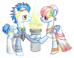 Size: 1024x813 | Tagged: safe, artist:velvetorchid67, derpibooru import, rainbow dash, soarin', pegasus, pony, clothes, dress, eye contact, female, fire, holding hooves, male, marriage, old cutie mark, shipping, smiling, soarindash, straight, wedding, wedding dress, wonderbolts dress uniform