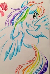 Size: 870x1280 | Tagged: safe, artist:kluzart, derpibooru import, rainbow dash, pegasus, pony, female, mare, smiling, solo, spread wings, traditional art, wings