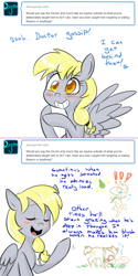 Size: 750x1502 | Tagged: safe, artist:craftykraken, artist:jitterbugjive, derpy hooves, doctor whooves, earth pony, pegasus, pony, eating, female, food, horses doing horse things, lovestruck derpy, male, mare, pear, stallion, that pony sure does hate pears