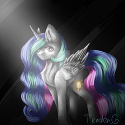 Size: 1280x1280 | Tagged: safe, artist:tendergamer, princess celestia, alicorn, pony, anatomically incorrect, chest fluff, crepuscular rays, giant ears, incorrect leg anatomy, solo, watermark