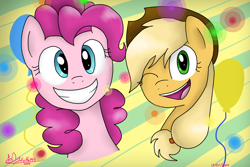 Size: 1024x683 | Tagged: safe, artist:jayivee, applejack, pinkie pie, earth pony, pony, pinkie apple pie, looking at you, wink