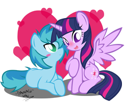 Size: 2598x2179 | Tagged: safe, artist:danmakuman, derpibooru import, twilight sparkle, twilight sparkle (alicorn), oc, oc:mint leaf, alicorn, pony, blushing, canon x oc, female, fulfilled cutie mark, heart, lesbian, mare, open mouth, shipping