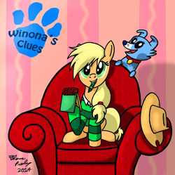 Size: 1270x1263 | Tagged: safe, artist:meganekkoplymouth241, applejack, winona, earth pony, pony, blue's clues, crossover, handy-dandy notebook, parody, sofa, thinking chair