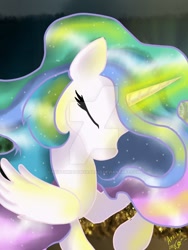 Size: 600x800 | Tagged: safe, artist:kristinkaponyasha13, princess celestia, alicorn, pony, female, horn, mare, multicolored mane, solo, watermark, white coat