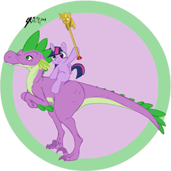 Size: 1500x1500 | Tagged: artist needed, source needed, safe, derpibooru import, spike, twilight sparkle, twilight sparkle (alicorn), alicorn, pony, duo, female, filly, filly twilight sparkle, foal, hoof hold, magnetic hooves, ponies riding dinosaurs, ponies riding dragons, riding, species swap, twilight scepter, younger