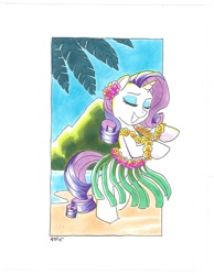 Size: 620x800 | Tagged: safe, artist:tonyfleecs, rarity, pony, unicorn, beach, bipedal, clothes, dancing, eyes closed, flower, flower in hair, grass skirt, hawaii, hawaiian, hawaiian flower in hair, hula, hula dance, hularity, lei, skirt, smiling, solo, traditional art