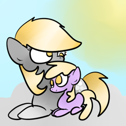 Size: 500x500 | Tagged: safe, artist:wisheslotus, derpy hooves, dinky hooves, pegasus, pony, unicorn, duo, female, filly, looking back, mare, missing horn, missing wing, mother and child, mother and daughter, no pupils, parent and child, prone, sun