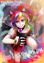 Size: 2480x3508 | Tagged: safe, alternate version, artist:adamarc1, derpibooru import, rainbow dash, human, belly button, boots, breasts, cat ears, clothes, female, gloves, humanized, miniskirt, pleated skirt, ponytail, shoes, skirt, smiling, socks, solo, thigh highs, zettai ryouiki