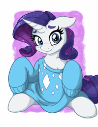 Size: 1275x1650 | Tagged: safe, artist:latecustomer, rarity, pony, unicorn, blushing, clothes, cute, female, mare, oversized clothes, raribetes, smiling, solo, sweater