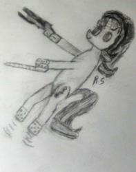 Size: 1330x1690 | Tagged: safe, artist:rain sunburst, starlight glimmer, unicorn, doom, drawing, female, gun, jumping, mare, monochrome, photo, shotgun, solo, traditional art, weapon