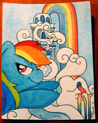 Size: 600x749 | Tagged: safe, artist:coggler, artist:frog&cog, artist:gopherfrog, derpibooru import, rainbow dash, pegasus, pony, cloudsdale, solo, traditional art