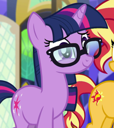 Size: 834x931 | Tagged: safe, screencap, sci-twi, sunset shimmer, twilight sparkle, pony, unicorn, better together, equestria girls, spring breakdown, cropped, cute, cutie mark, equestria girls ponified, female, glasses, mare, offscreen character, ponified, smiling, twiabetes, unicorn sci-twi