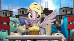 Size: 3840x2160 | Tagged: safe, artist:szczerbix, derpy hooves, pegasus, pony, 3d, food, looking at muffin, muffin, source filmmaker