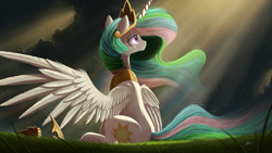 Size: 2000x1125 | Tagged: safe, artist:ncmares, princess celestia, alicorn, pony, crepuscular rays, crown, featured image, female, grass, horseshoes, jewelry, looking up, mare, outdoors, peytral, rain, regalia, signature, sitting, solo, spread wings